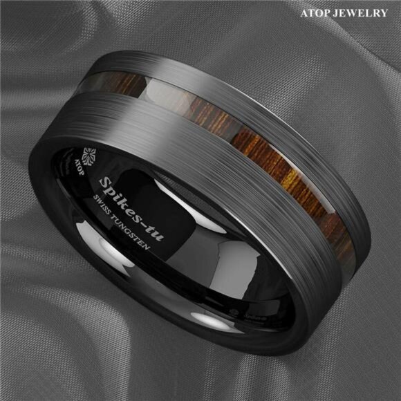 Men's Wedding Band - Black Brushed Off Center Koa Wood Ring for Men and Women - Picture 3 of 9